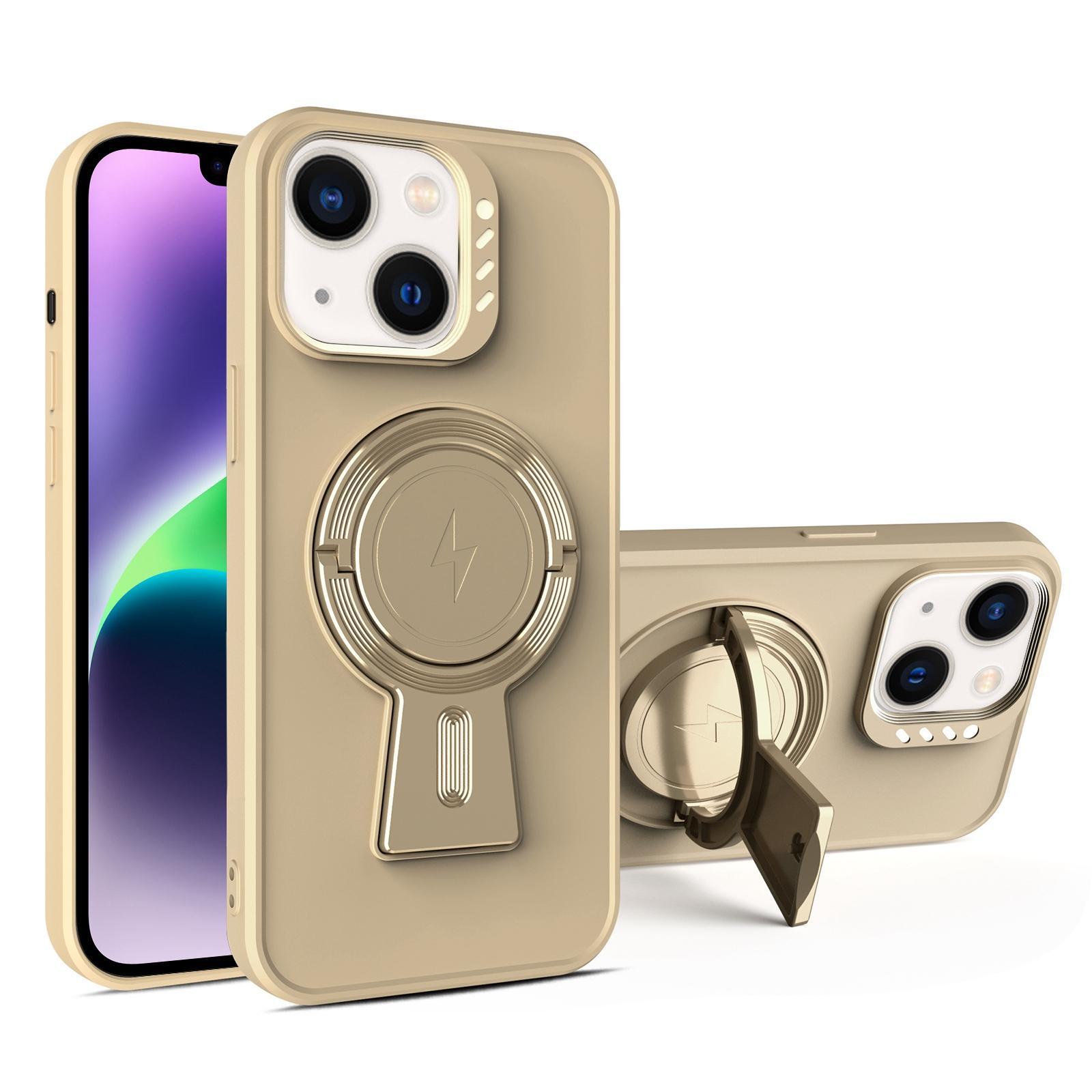 For iPhone 14 Y-shape Holder MagSafe Rugged Shockproof Phone Case(Desert Gold) - Shopkiz.com