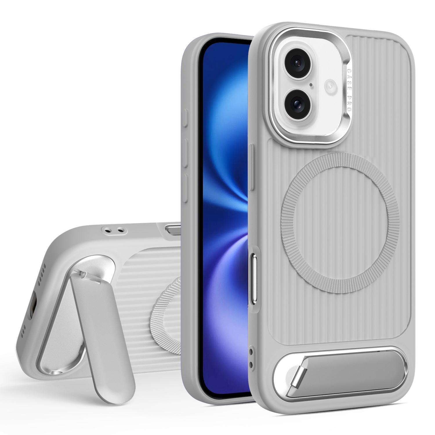 For iPhone 16 Plus Vertical Lines Invisible Flat Holder MagSafe Phone Case(Grey) - Shopkiz.com