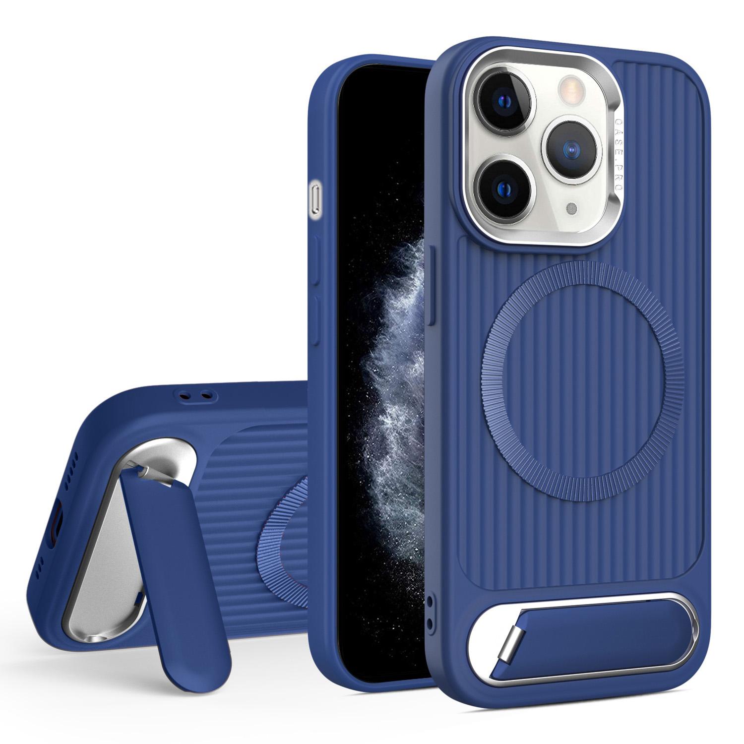 For iPhone 11 Pro Max Vertical Lines Invisible Flat Holder MagSafe Phone Case(Blue) - Shopkiz.com