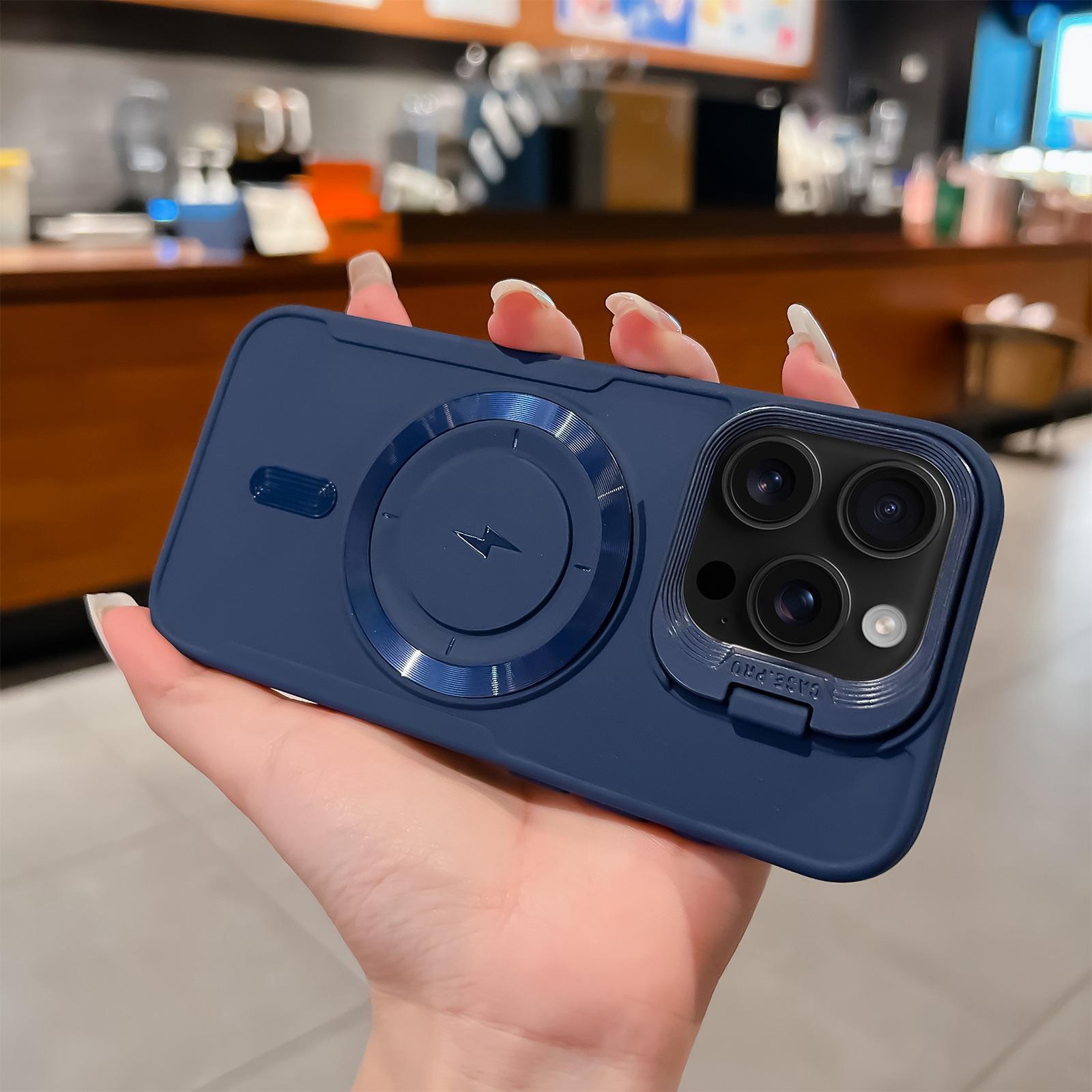 For iPhone 16 Pro Lens Frame Holder Blade MagSafe Phone Case(Dark Blue) - Shopkiz.com