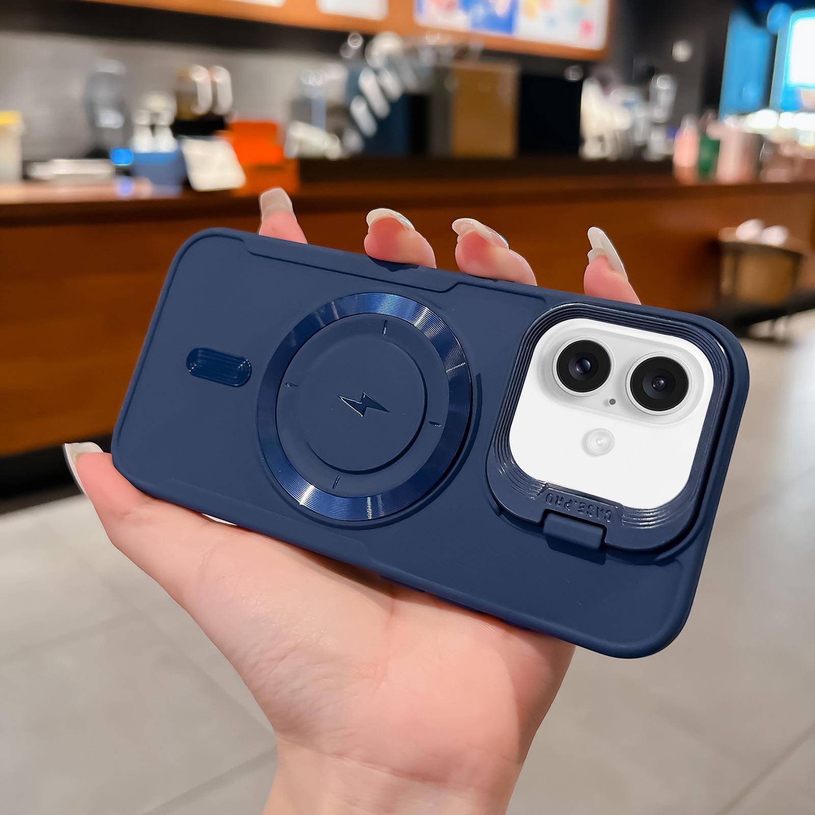 For iPhone 16 Plus Lens Frame Holder Blade MagSafe Phone Case(Dark Blue) - Shopkiz.com
