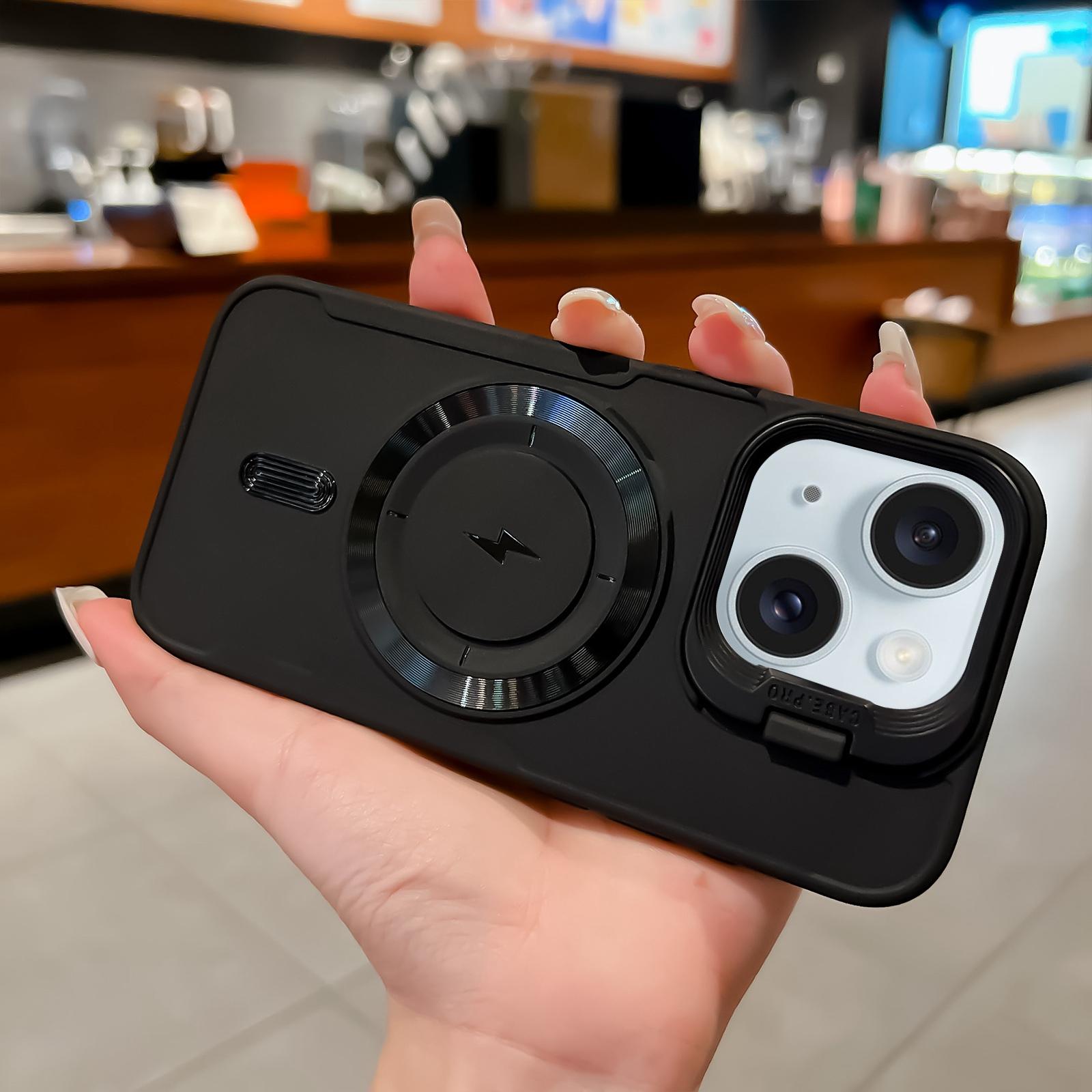 For iPhone 15 Plus Lens Frame Holder Blade MagSafe Phone Case(Black) - Shopkiz.com