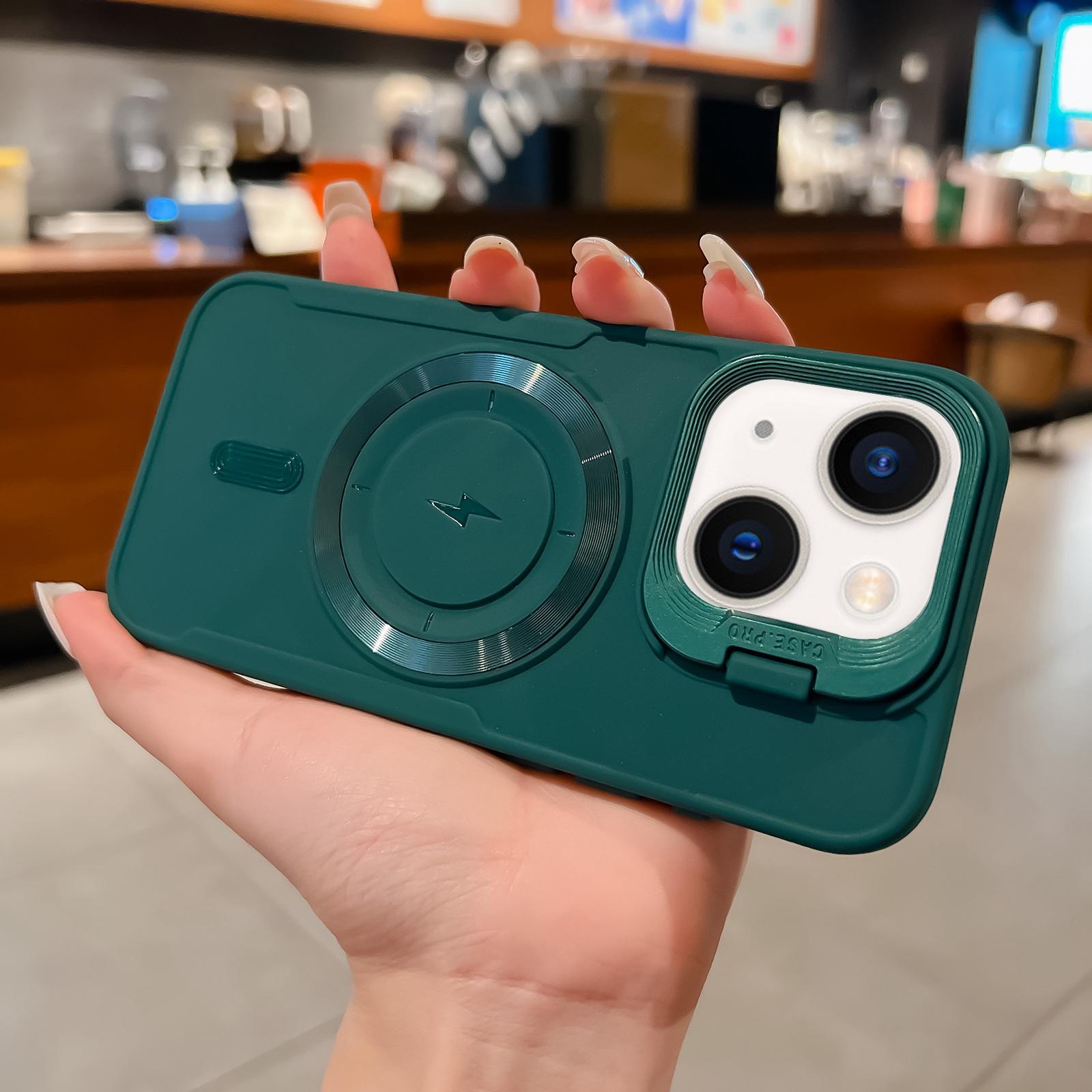 For iPhone 14 Plus Lens Frame Holder Blade MagSafe Phone Case(Deep Green) - Shopkiz.com