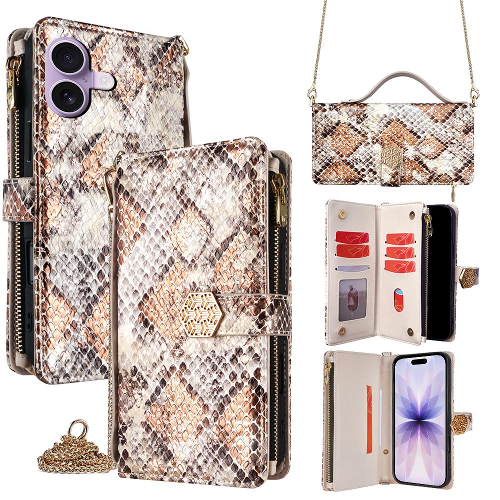 For iPhone 17 Crossbody Handle Snake Texture Leather Phone Case(White) - Shopkiz.com