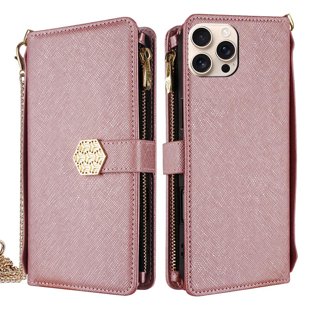 For iPhone 13 Pro Crossbody Handle Cross Texture Leather Phone Case(Rose Gold) - Shopkiz.com