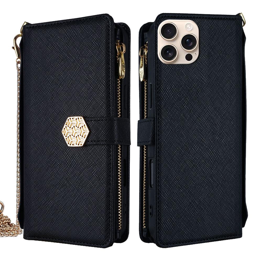 For iPhone 14 Pro Crossbody Handle Cross Texture Leather Phone Case(Black) - Shopkiz.com
