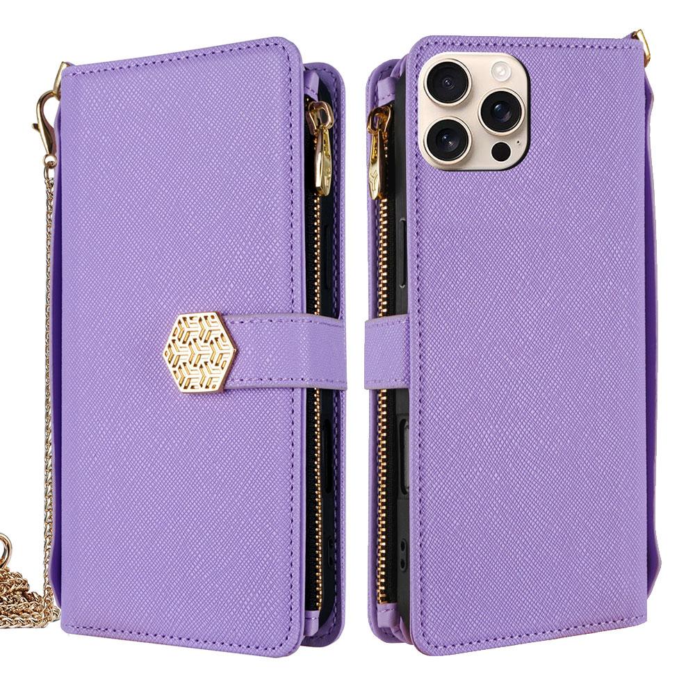 For iPhone 14 Pro Crossbody Handle Cross Texture Leather Phone Case(Purple) - Shopkiz.com