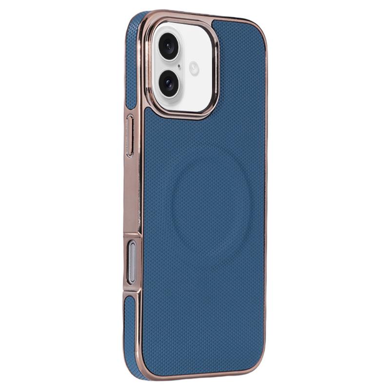 For iPhone 16 Electroplating Soft Side Sticker Leather MagSafe Phone Case(Dark Blue) - Shopkiz.com