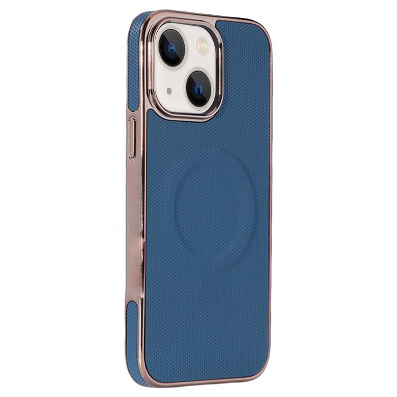 For iPhone 14 Plus Electroplating Soft Side Sticker Leather MagSafe Phone Case(Dark Blue) - Shopkiz.com
