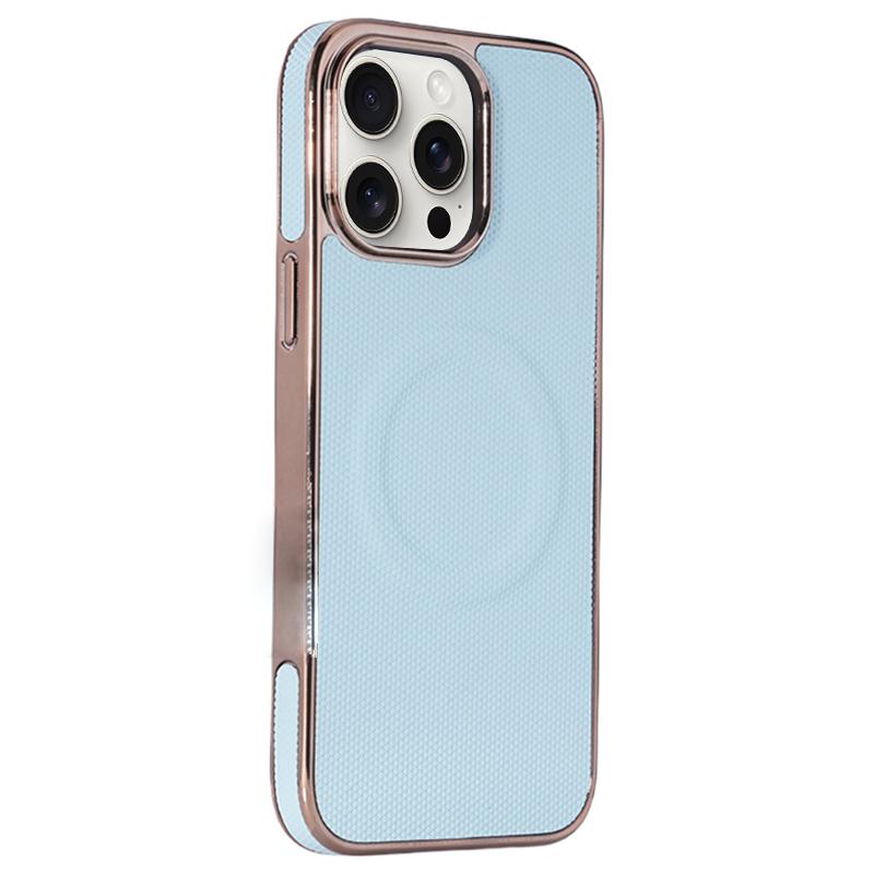 For iPhone 14 Pro Max Electroplating Soft Side Sticker Leather MagSafe Phone Case(Sky Blue) - Shopkiz.com