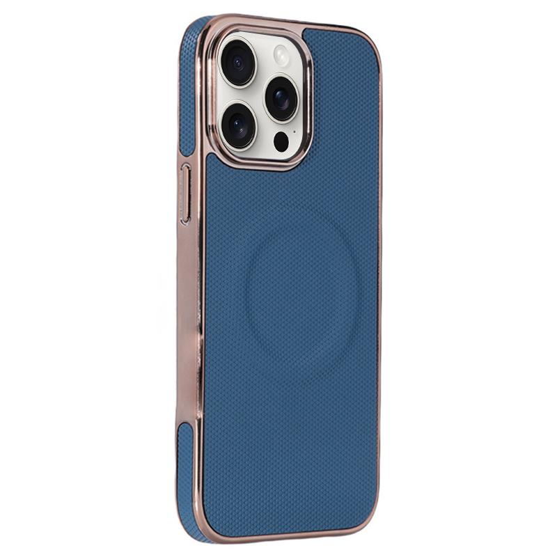 For iPhone 12 Pro Max Electroplating Soft Side Sticker Leather MagSafe Phone Case(Dark Blue) - Shopkiz.com