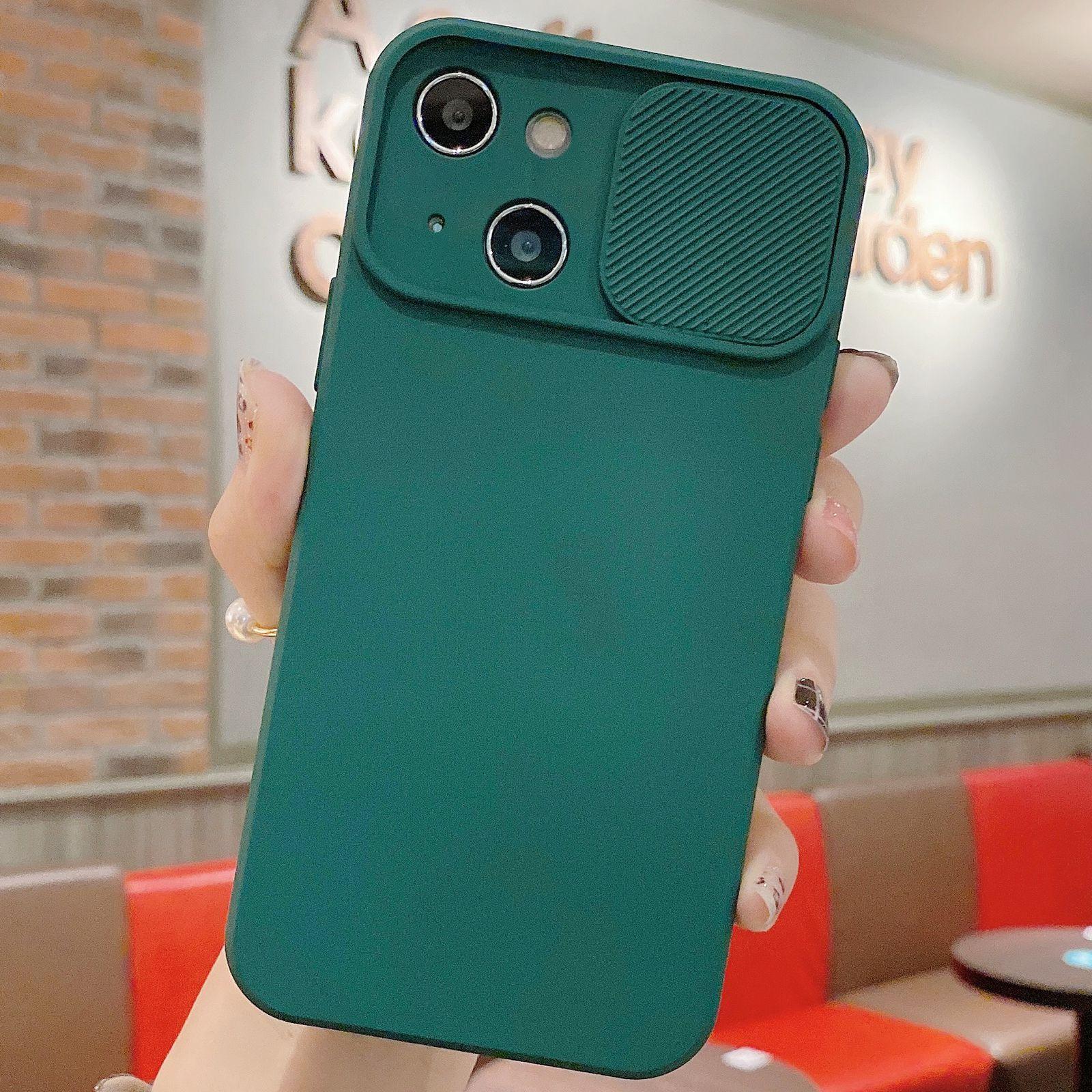 For iPhone 15 Plus Slid Camera Shield Liquid Silicone TPU Phone Case(Dark Green) - Shopkiz.com