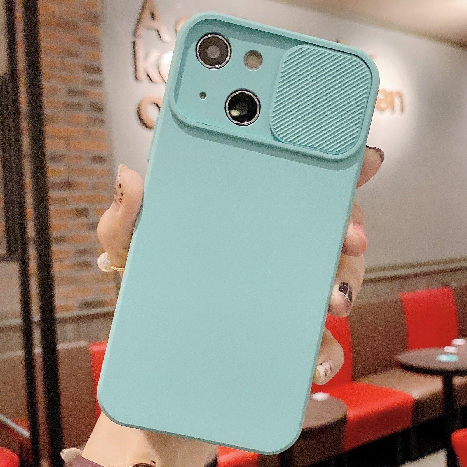 For iPhone 15 Plus Slid Camera Shield Liquid Silicone TPU Phone Case(Ice Blue) - Shopkiz.com