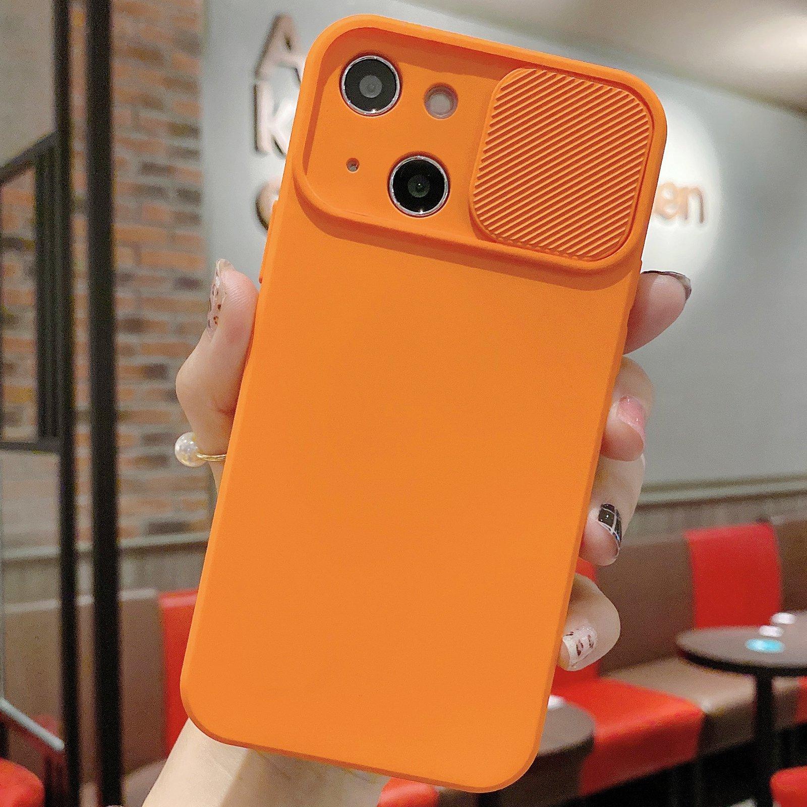 For iPhone 15 Slid Camera Shield Liquid Silicone TPU Phone Case(Orange) - Shopkiz.com