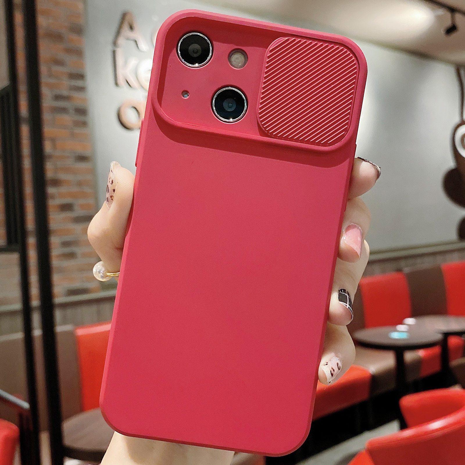 For iPhone 14 Slid Camera Shield Liquid Silicone TPU Phone Case(Red) - Shopkiz.com
