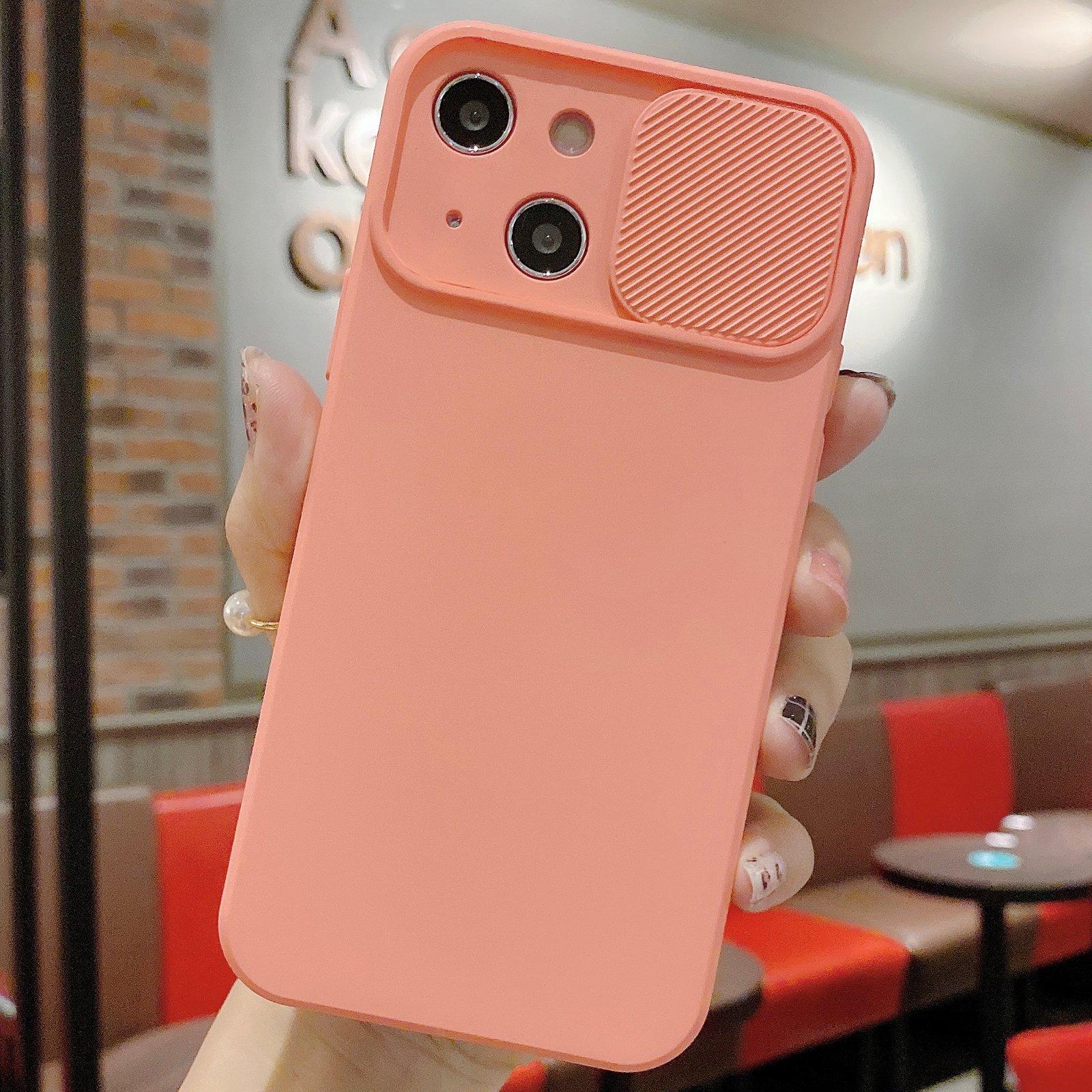 For iPhone 14 Slid Camera Shield Liquid Silicone TPU Phone Case(Pink Orange) - Shopkiz.com