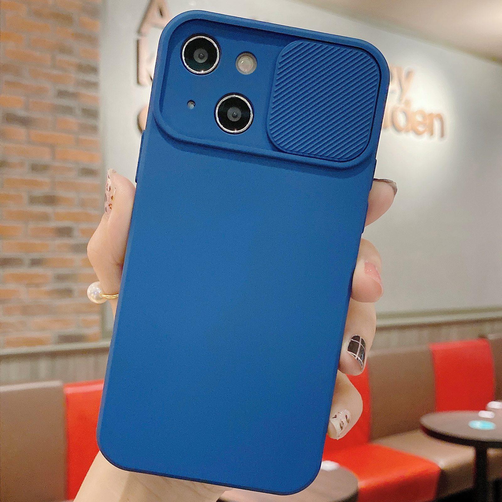 For iPhone 13 Slid Camera Shield Liquid Silicone TPU Phone Case(Navy Blue) - Shopkiz.com