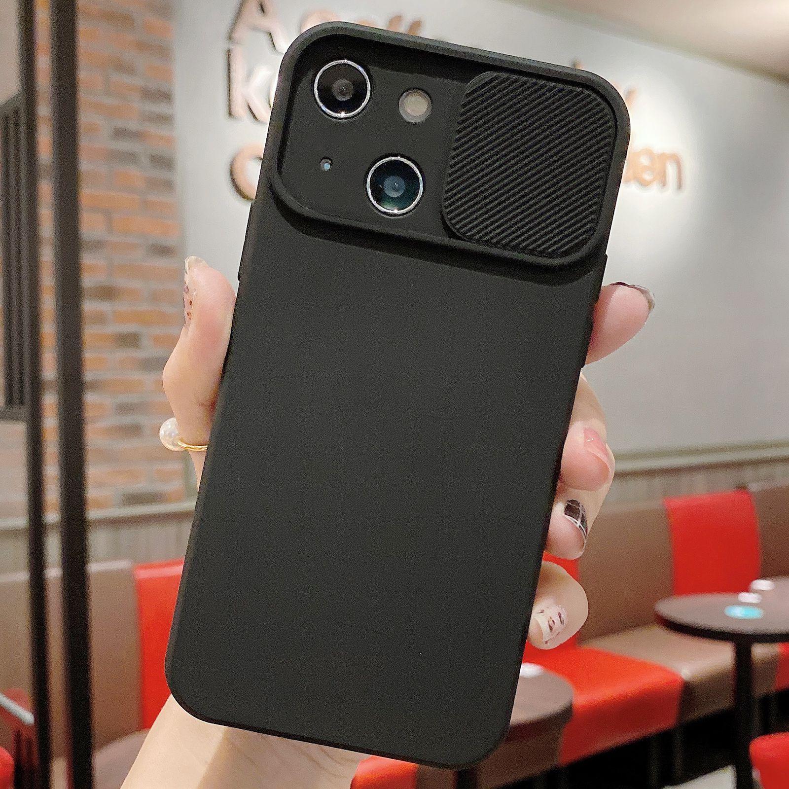 For iPhone 13 mini Slid Camera Shield Liquid Silicone TPU Phone Case(Black) - Shopkiz.com