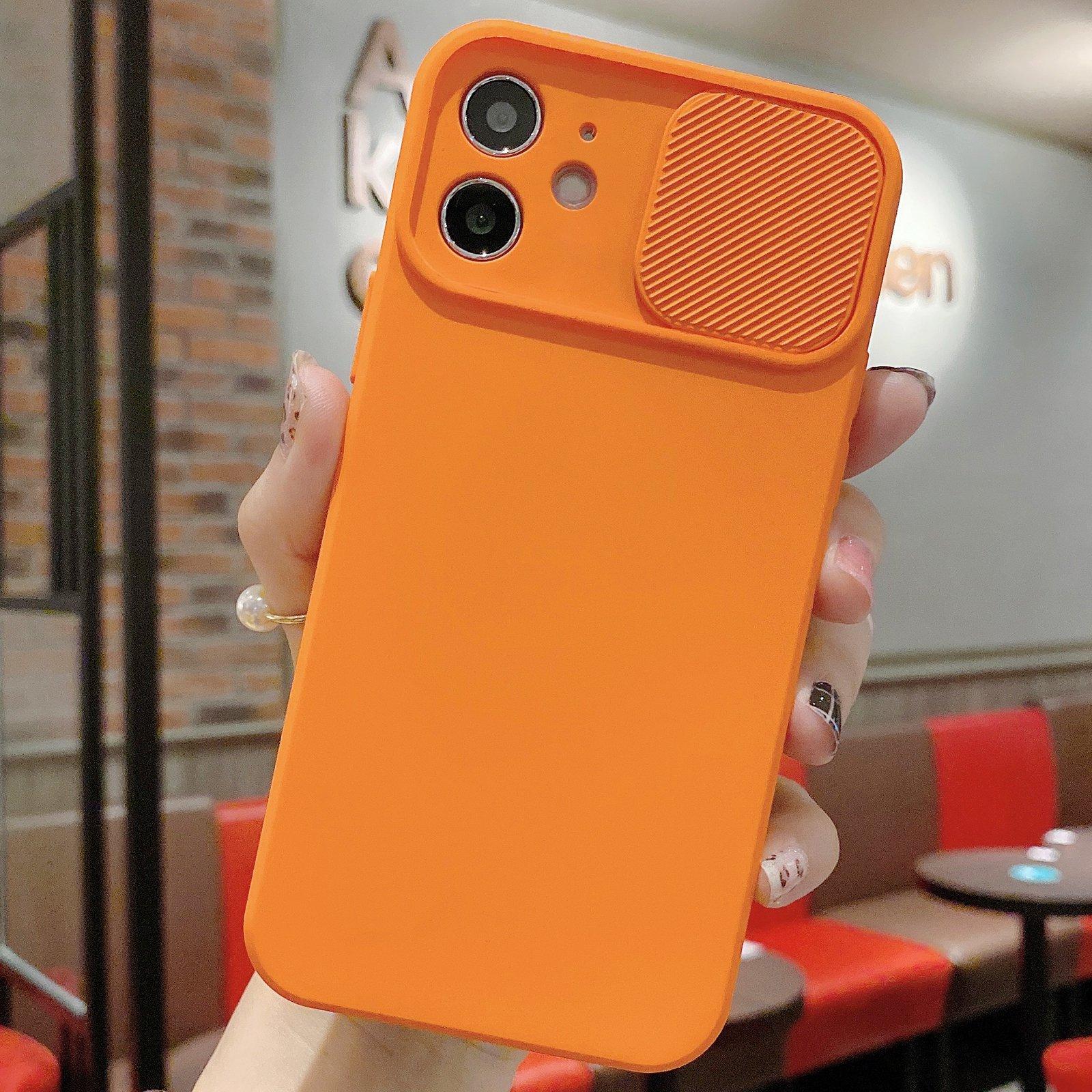 For iPhone 12 Slid Camera Shield Liquid Silicone TPU Phone Case(Orange) - Shopkiz.com