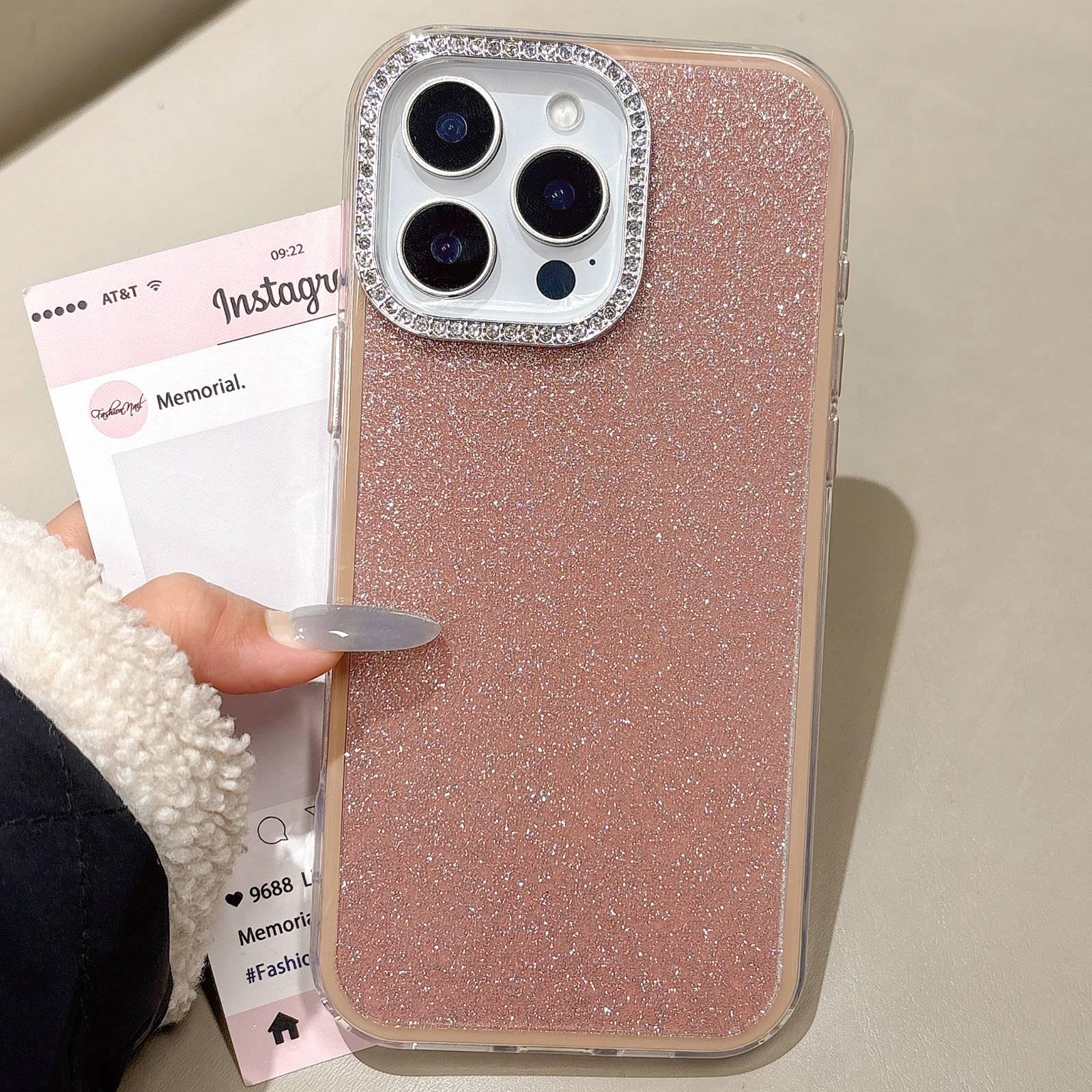 For iPhone 16 Pro Max Rhinestone-Embedded Camera Frame Glitter Full Coverage Phone Case(Brown) - Shopkiz.com