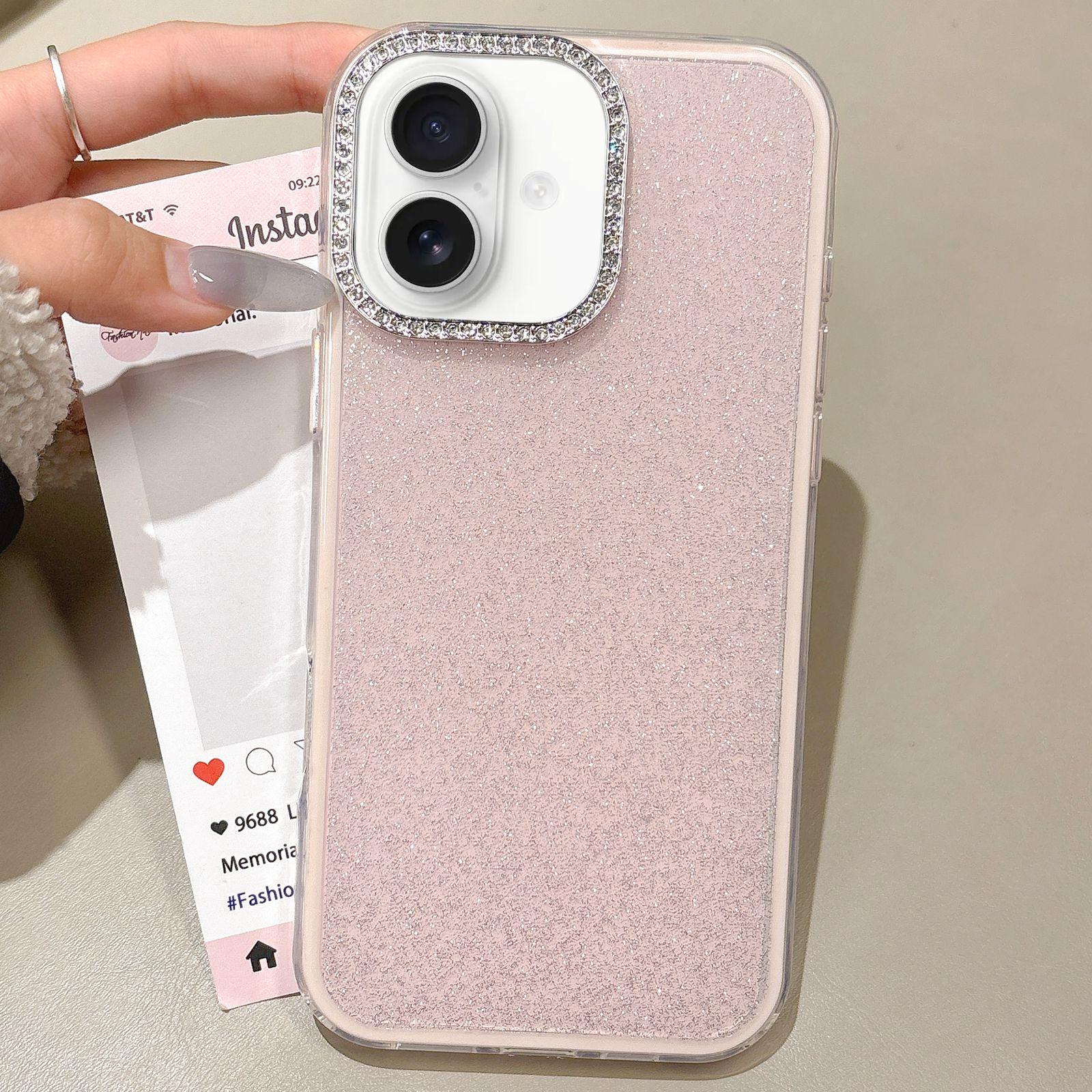 For iPhone 16 Plus Rhinestone-Embedded Camera Frame Glitter Full Coverage Phone Case(Pink) - Shopkiz.com