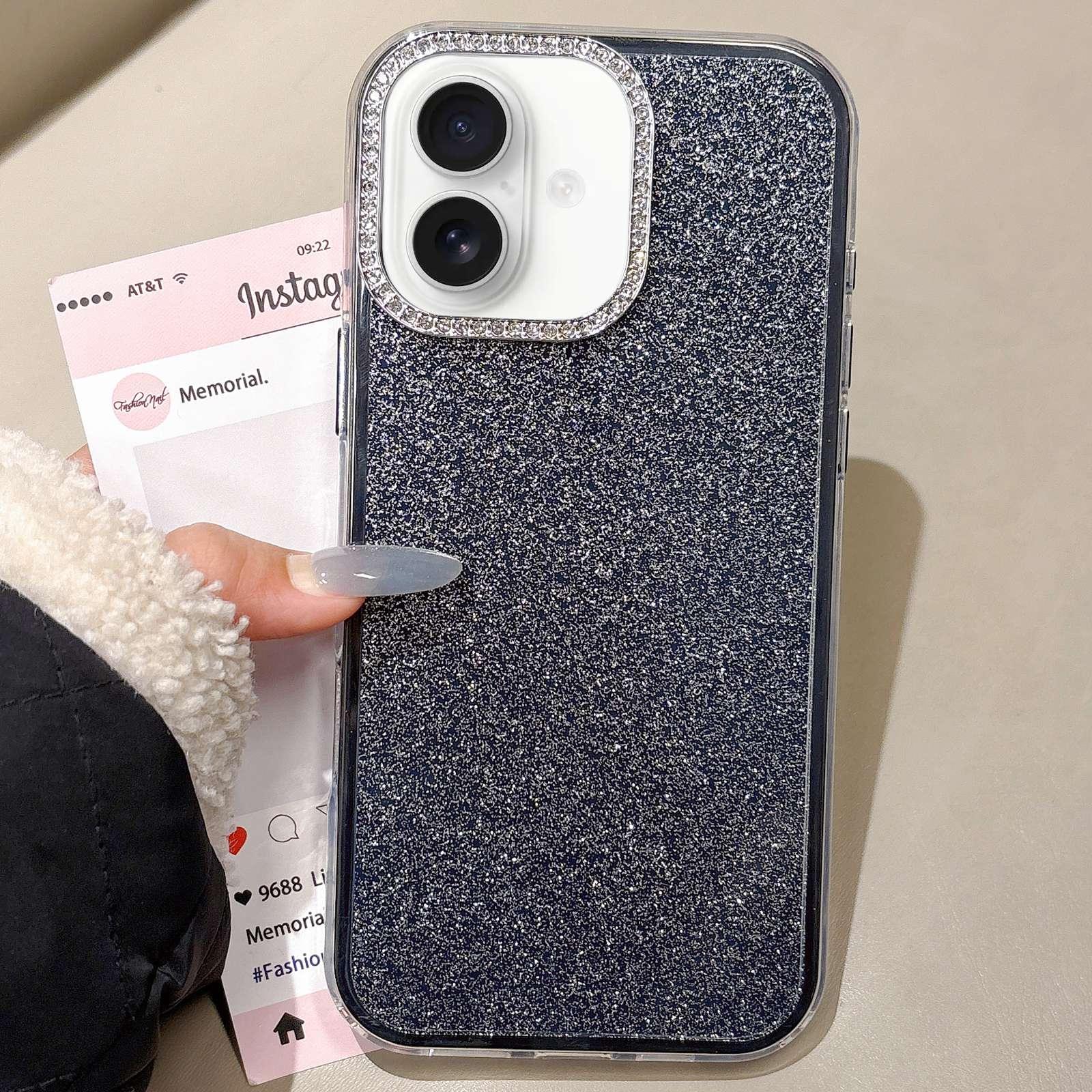 For iPhone 16 Plus Rhinestone-Embedded Camera Frame Glitter Full Coverage Phone Case(Black) - Shopkiz.com