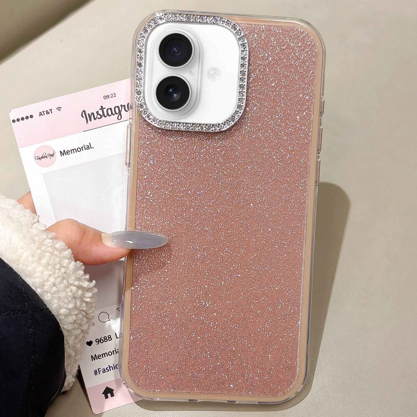 For iPhone 16 Plus Rhinestone-Embedded Camera Frame Glitter Full Coverage Phone Case(Brown) - Shopkiz.com