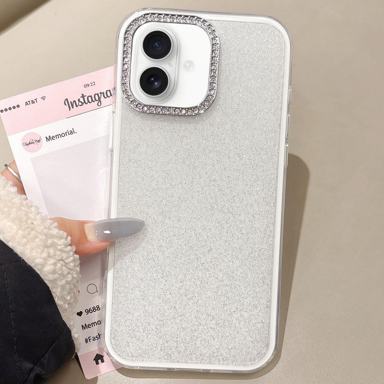 For iPhone 16 Rhinestone-Embedded Camera Frame Glitter Full Coverage Phone Case(White) - Shopkiz.com