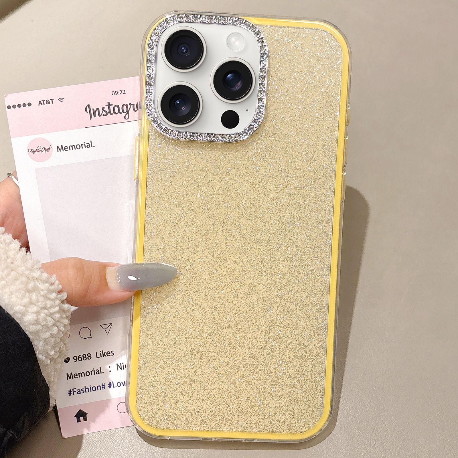 For iPhone 15 Pro Max Rhinestone-Embedded Camera Frame Glitter Full Coverage Phone Case(Yellow) - Shopkiz.com