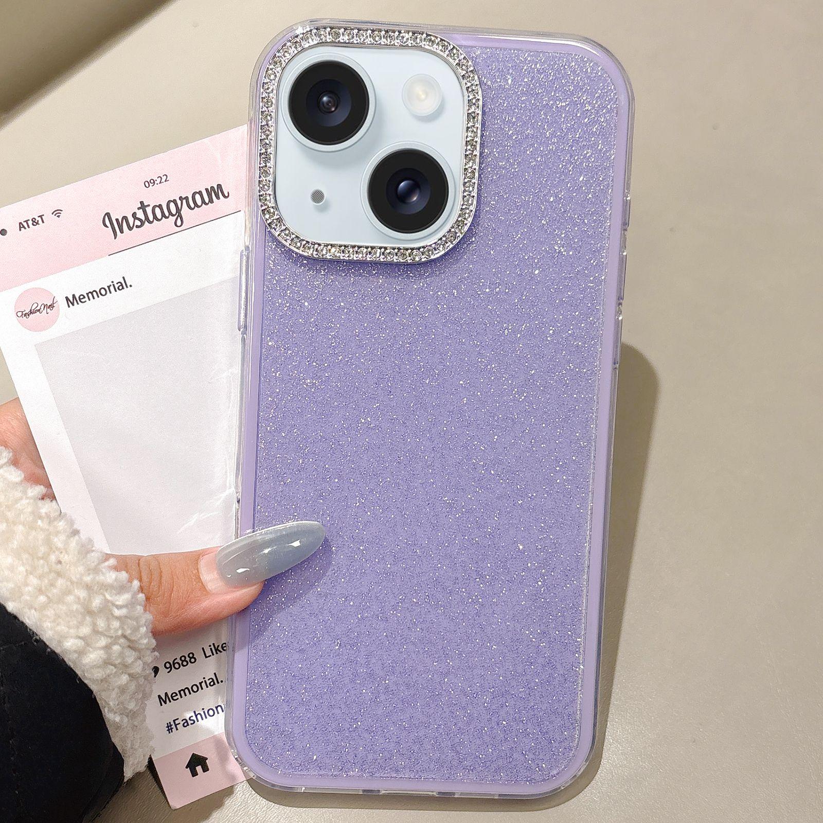 For iPhone 15 Plus Rhinestone-Embedded Camera Frame Glitter Full Coverage Phone Case(Purple) - Shopkiz.com