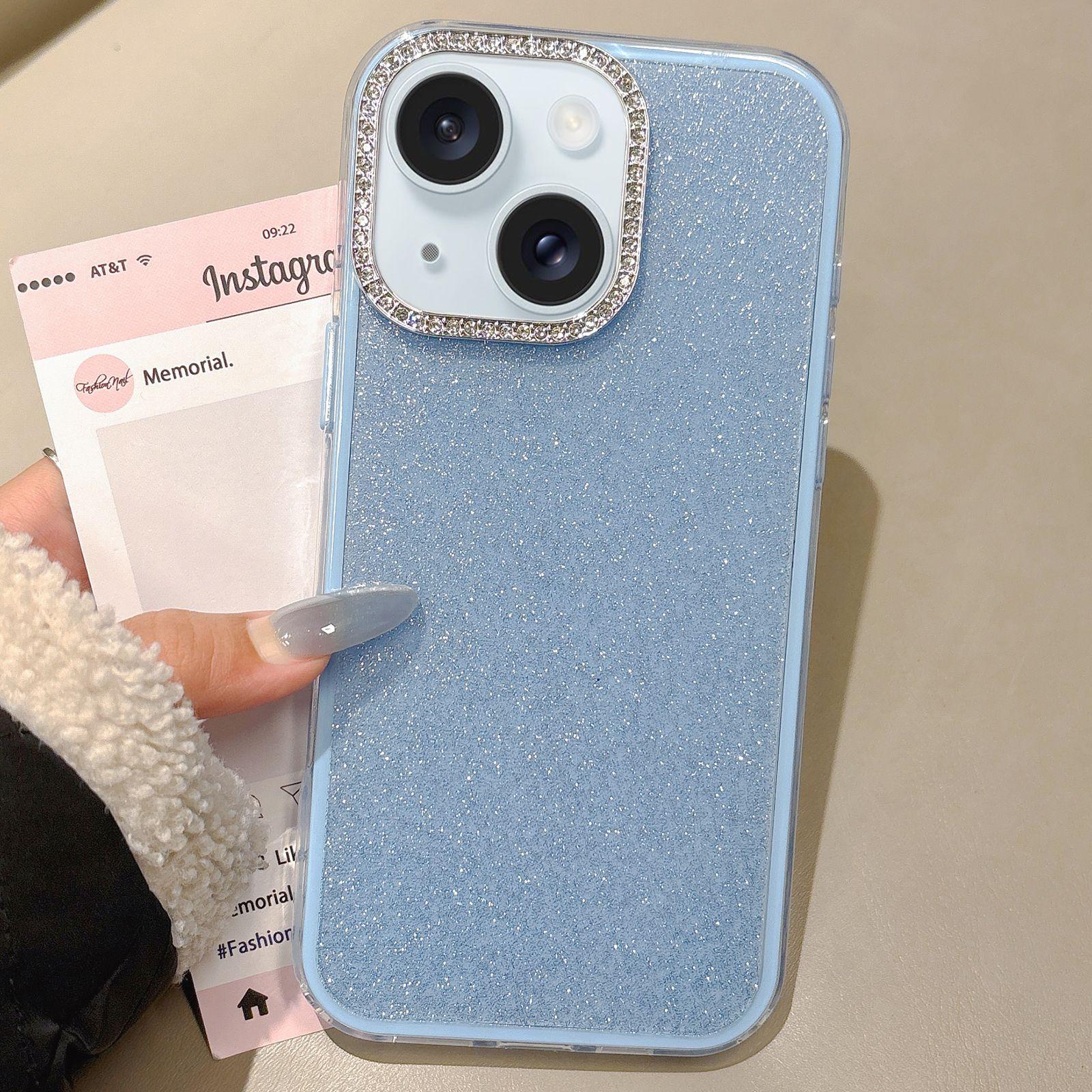 For iPhone 15 Plus Rhinestone-Embedded Camera Frame Glitter Full Coverage Phone Case(Blue) - Shopkiz.com