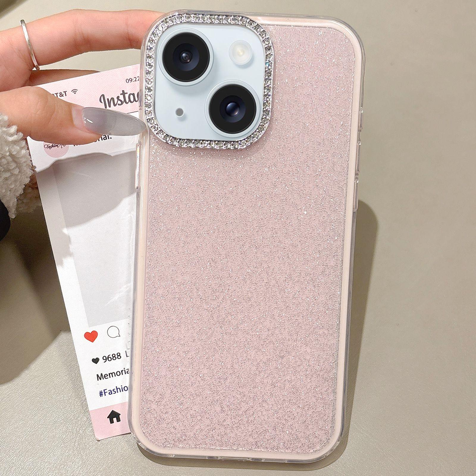 For iPhone 15 Rhinestone-Embedded Camera Frame Glitter Full Coverage Phone Case(Pink) - Shopkiz.com