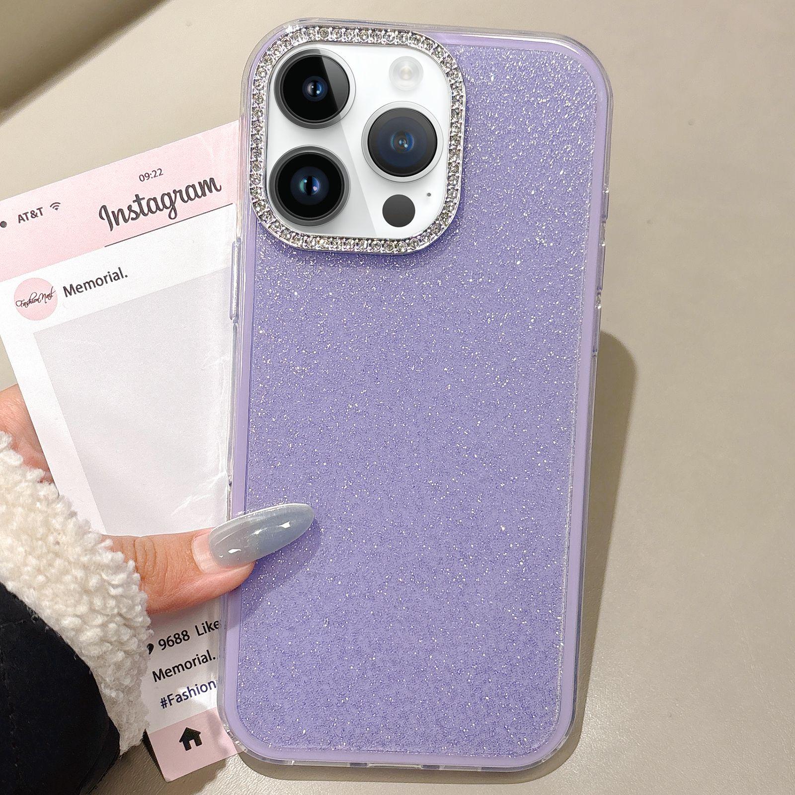 For iPhone 14 Pro Max Rhinestone-Embedded Camera Frame Glitter Full Coverage Phone Case(Purple) - Shopkiz.com