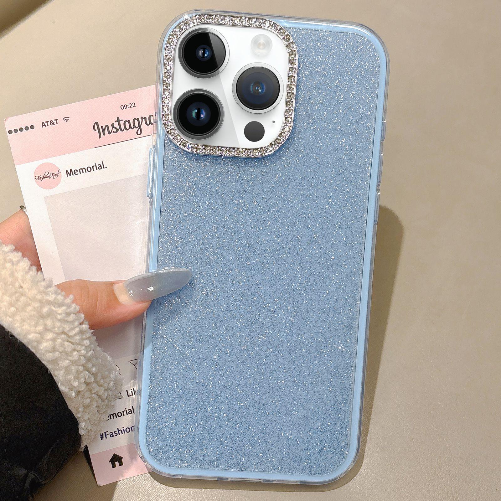 For iPhone 13 Pro Rhinestone-Embedded Camera Frame Glitter Full Coverage Phone Case(Blue) - Shopkiz.com