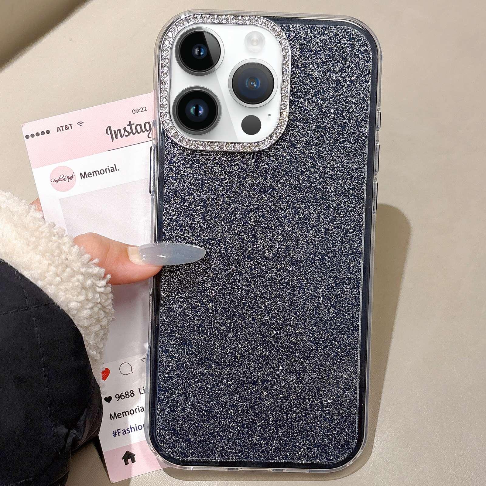 For iPhone 13 Pro Rhinestone-Embedded Camera Frame Glitter Full Coverage Phone Case(Black) - Shopkiz.com