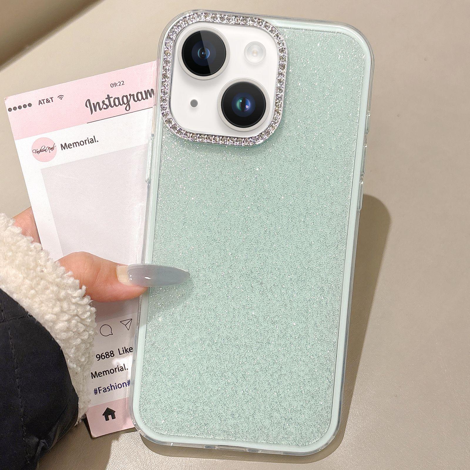 For iPhone 13 Rhinestone-Embedded Camera Frame Glitter Full Coverage Phone Case(Green) - Shopkiz.com