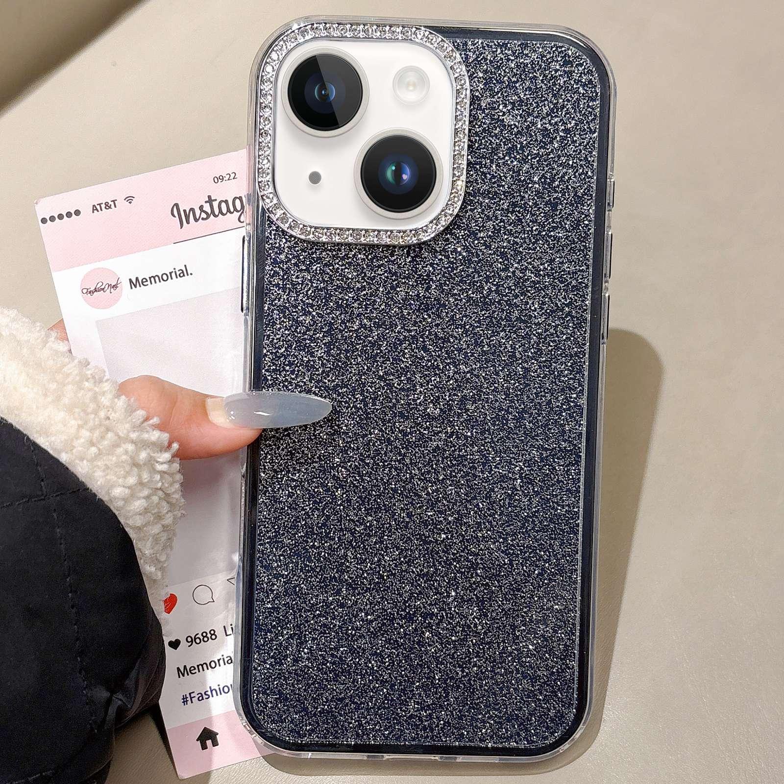 For iPhone 13 Rhinestone-Embedded Camera Frame Glitter Full Coverage Phone Case(Black) - Shopkiz.com