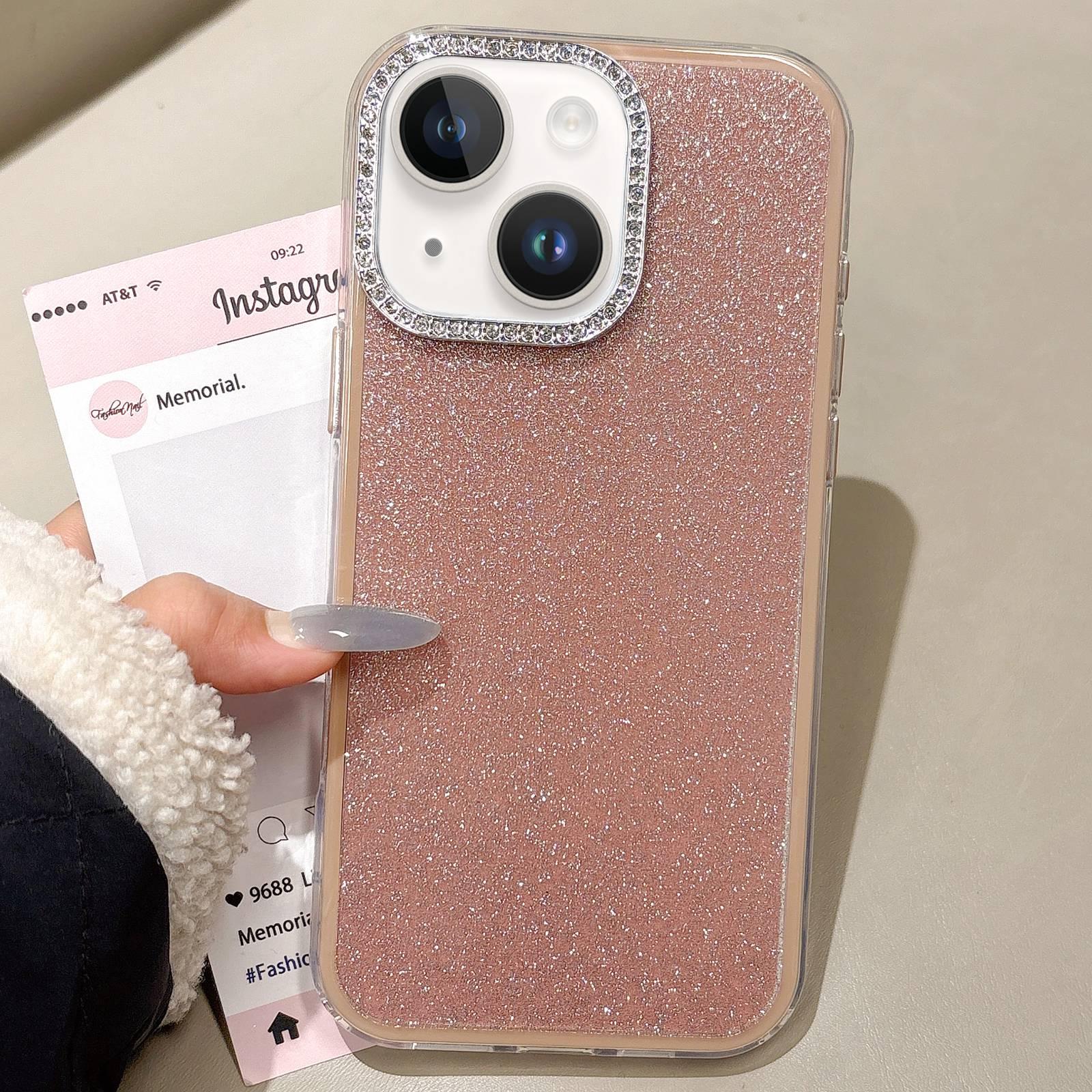 For iPhone 13 Rhinestone-Embedded Camera Frame Glitter Full Coverage Phone Case(Brown) - Shopkiz.com