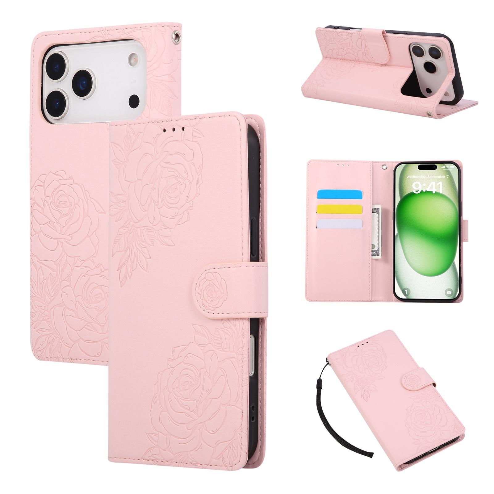 For iPhone 18 Pro / 17 Pro Rose Flower Embossed 3-Card Slots Leather Phone Case(Pink) - Shopkiz.com