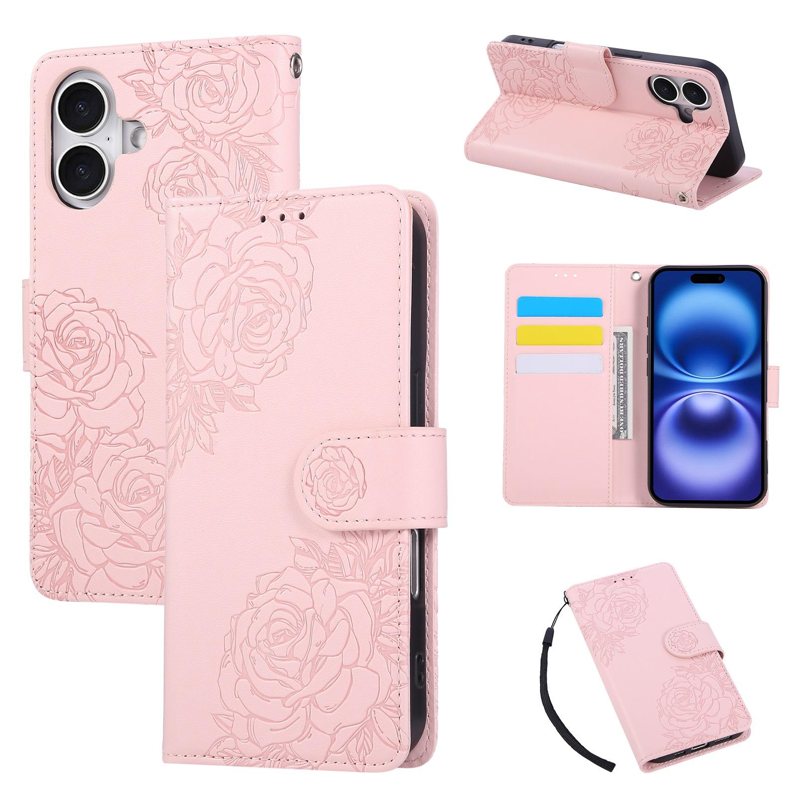 For iPhone 18 / 17 Rose Flower Embossed 3-Card Slots Leather Phone Case(Pink) - Shopkiz.com