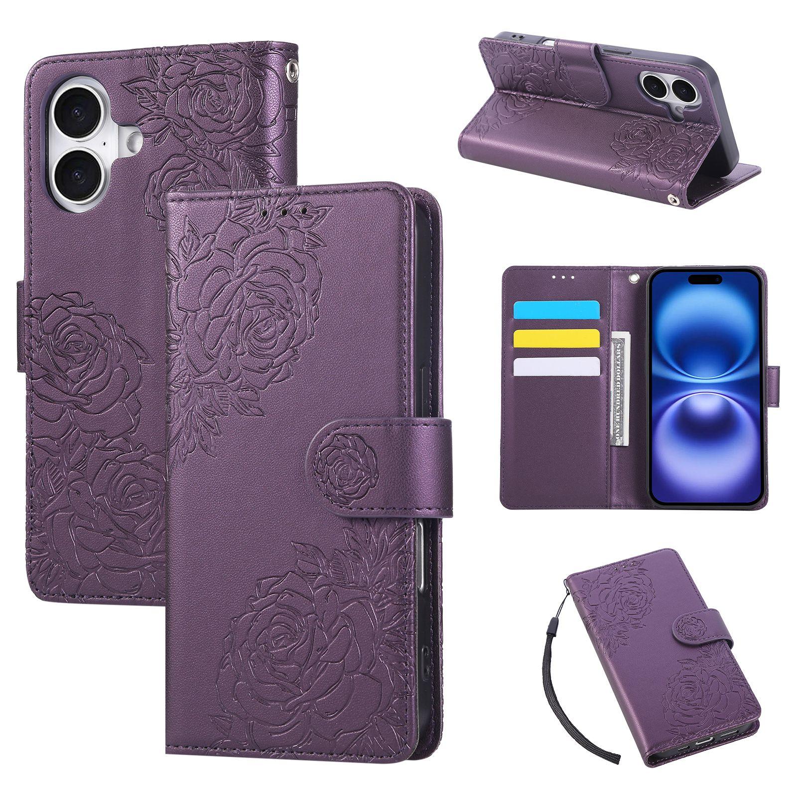For iPhone 18 / 17 Rose Flower Embossed 3-Card Slots Leather Phone Case(Deep Purple) - Shopkiz.com