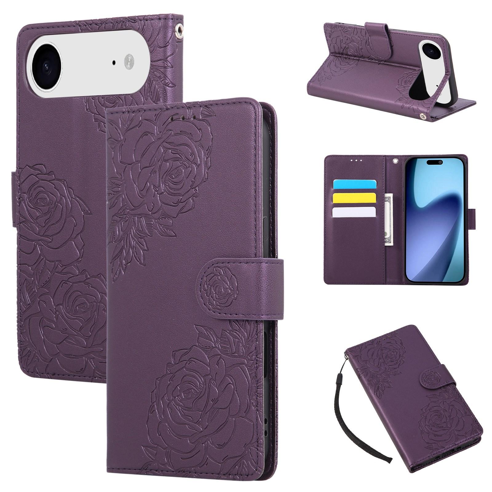For iPhone Air Rose Flower Embossed 3-Card Slots Leather Phone Case(Deep Purple) - Shopkiz.com