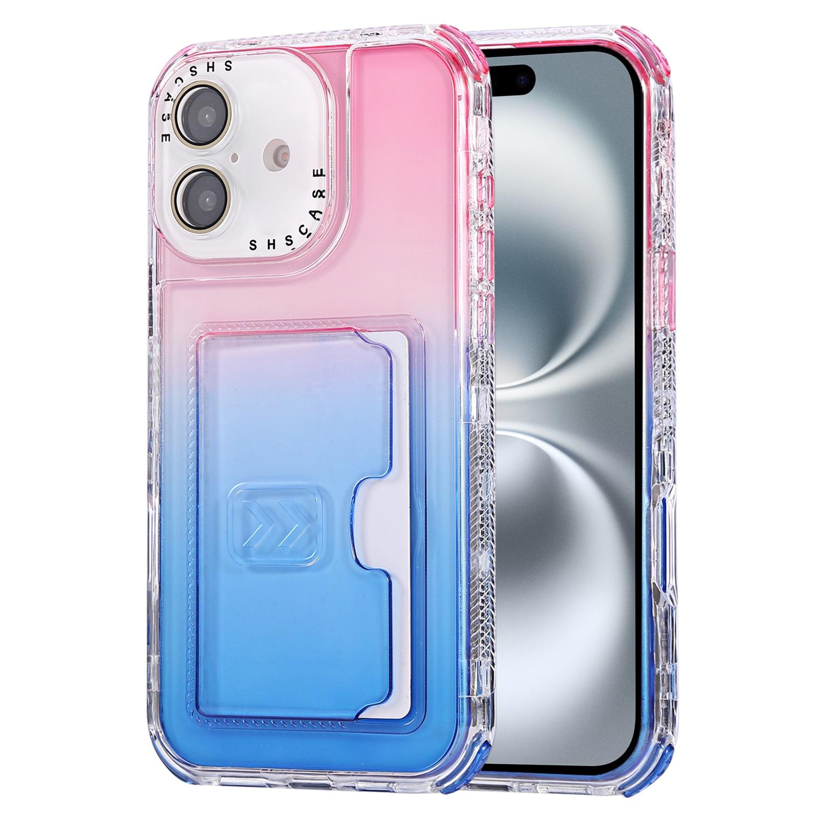 For iPhone 16 Gradient Color TPU + PC Card Slot Full Coverage Phone Case(Pink Blue) - Shopkiz.com