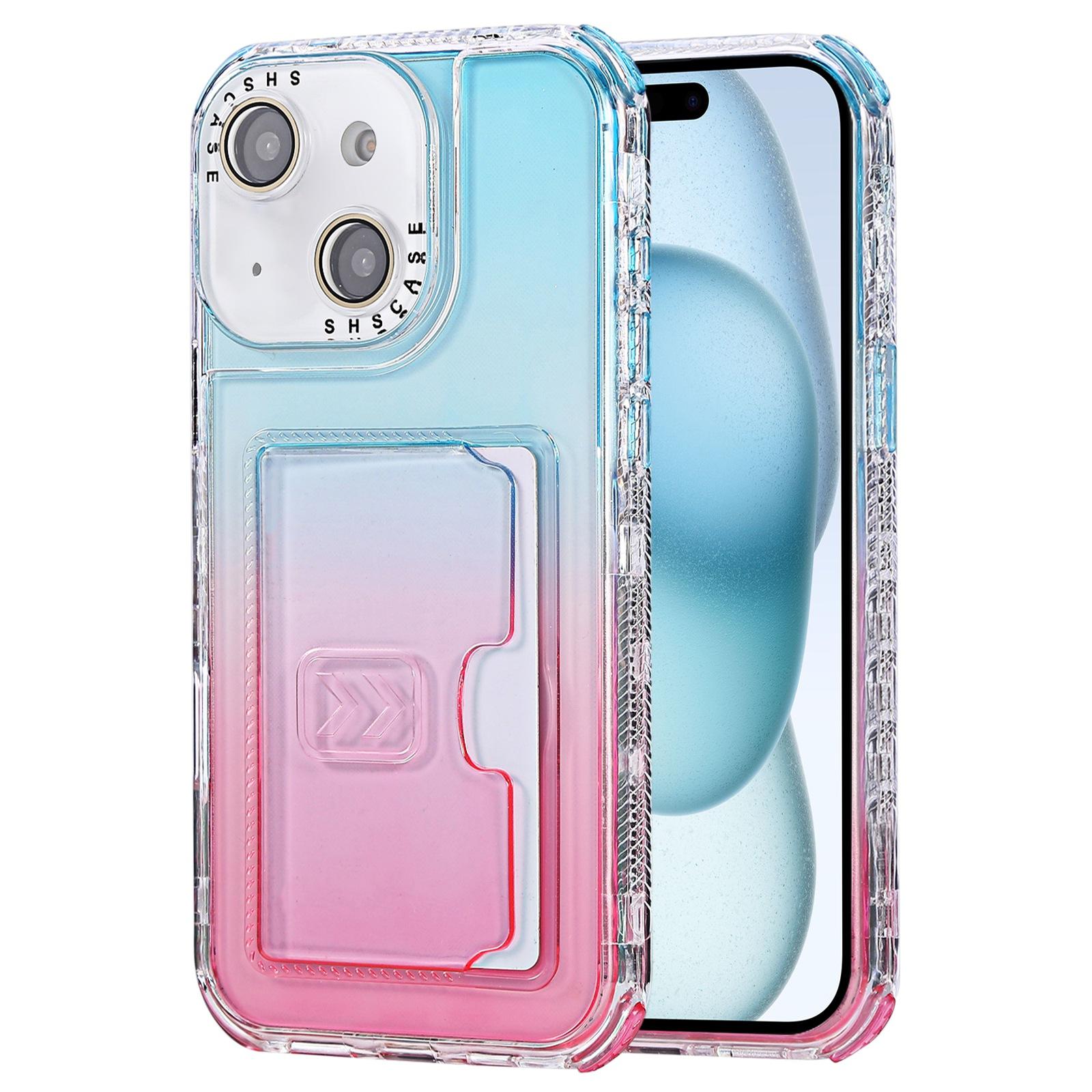 For iPhone 15 Plus Gradient Color TPU + PC Card Slot Full Coverage Phone Case(Sky Blue Pink) - Shopkiz.com