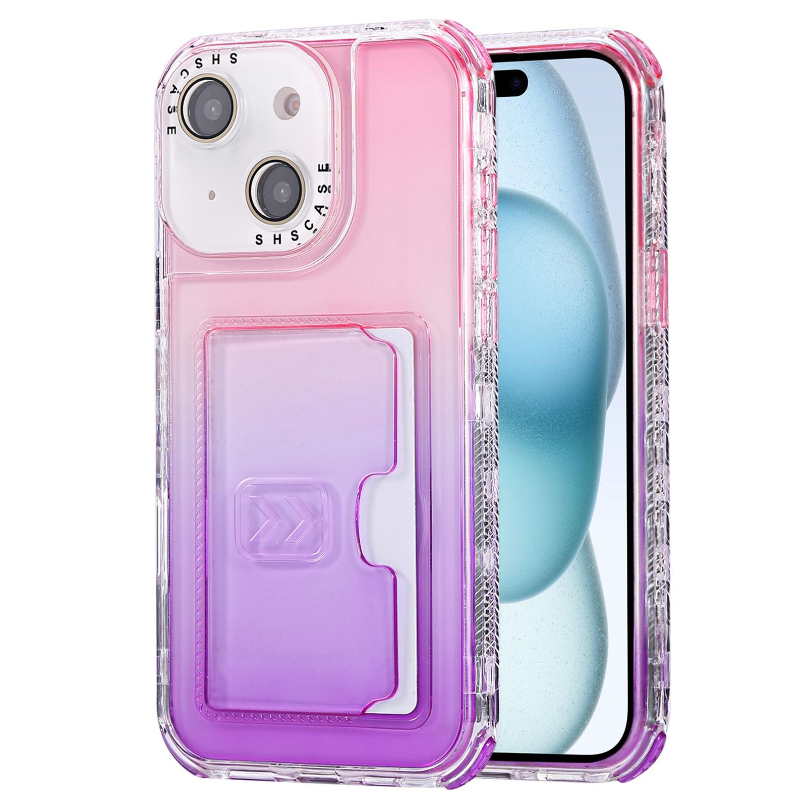 For iPhone 15 Gradient Color TPU + PC Card Slot Full Coverage Phone Case(Pink Purple) - Shopkiz.com