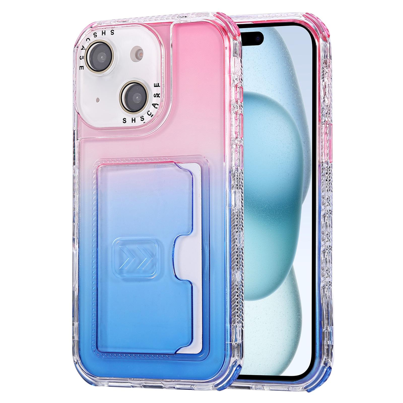 For iPhone 15 Gradient Color TPU + PC Card Slot Full Coverage Phone Case(Pink Blue) - Shopkiz.com