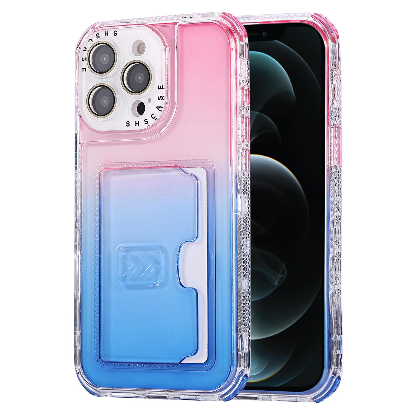 For iPhone 12 Pro Max Gradient Color TPU + PC Card Slot Full Coverage Phone Case(Pink Blue) - Shopkiz.com