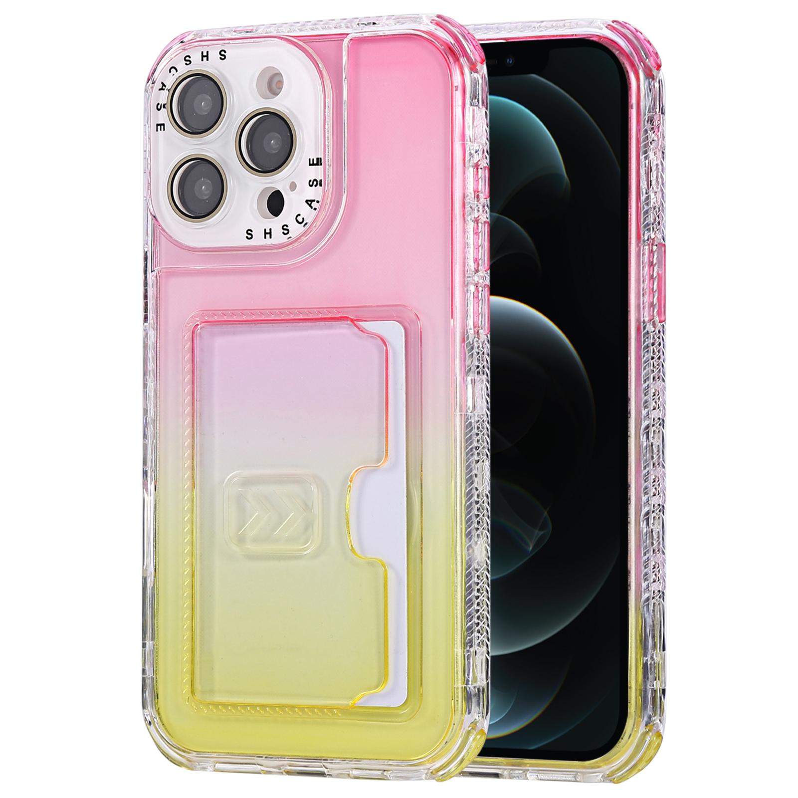 For iPhone 12 Pro Max Gradient Color TPU + PC Card Slot Full Coverage Phone Case(Pink Yellow) - Shopkiz.com