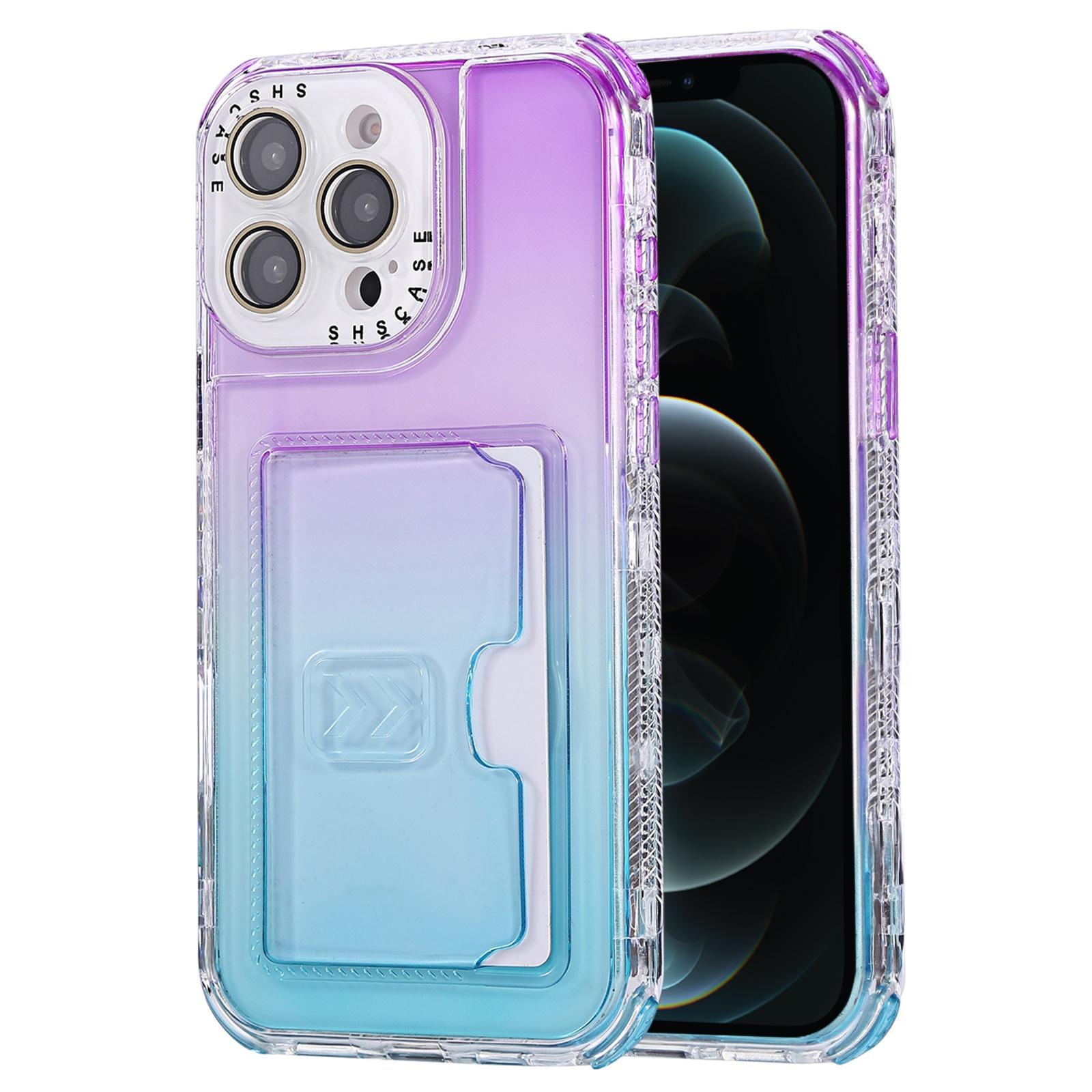 For iPhone 12 Pro Max Gradient Color TPU + PC Card Slot Full Coverage Phone Case(Purple Sky Blue) - Shopkiz.com
