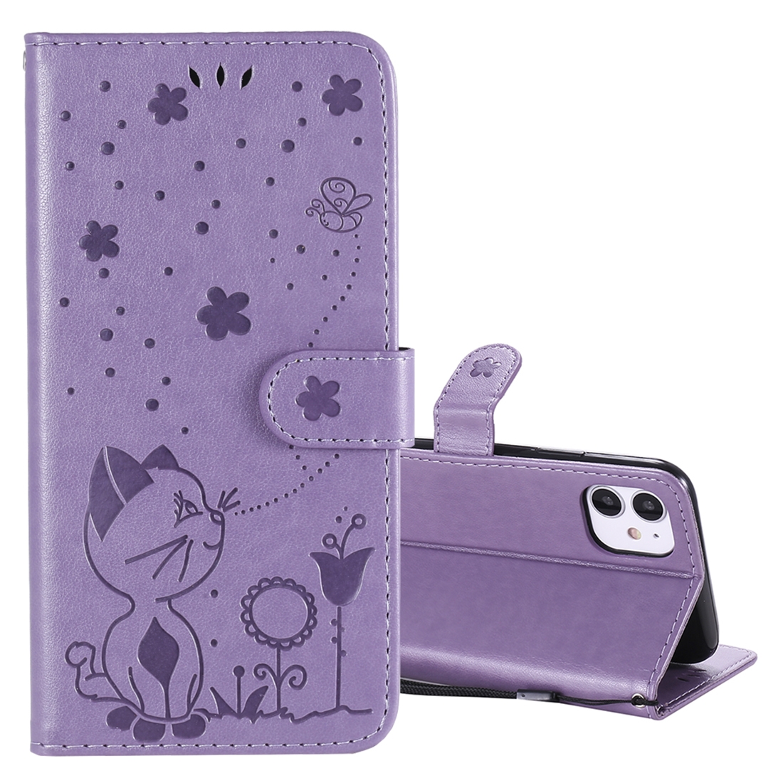For iPhone 11 Cat Bee Embossing Pattern Shockproof Horizontal Flip Leather Case with Holder & Card Slots & Wallet(Purple) - Shopkiz.com